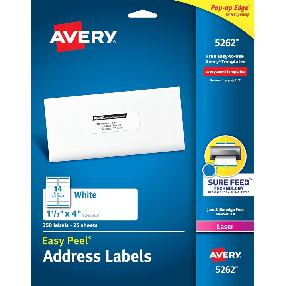image:imageAvery Easy Peel Printable Address Labels with Sure Feed 113 x 4 White 1400 Blank Mailing Labels for Laser Printers 5162113 x 4