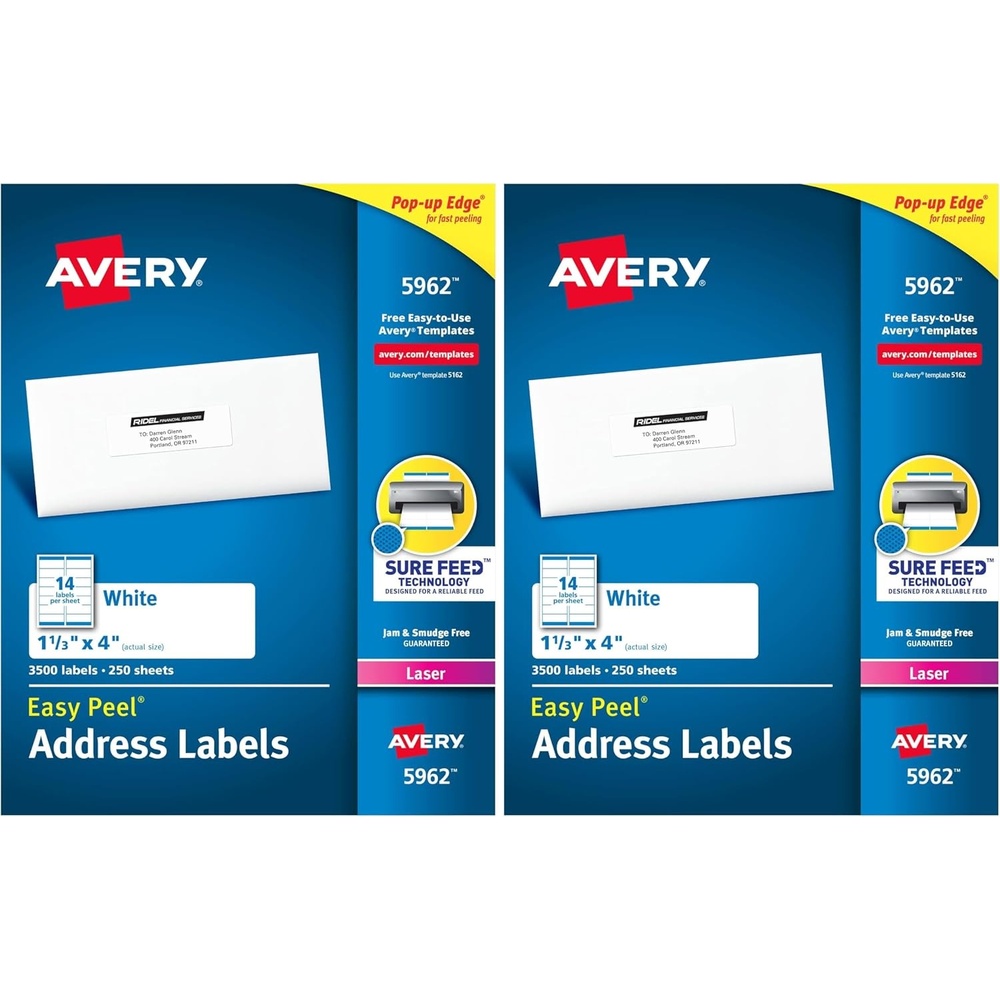 image:imageAvery Easy Peel Printable Address Labels with Sure Feed 113 x 4 White 1400 Blank Mailing Labels for Laser Printers 5162113 x 4 Pack of 2