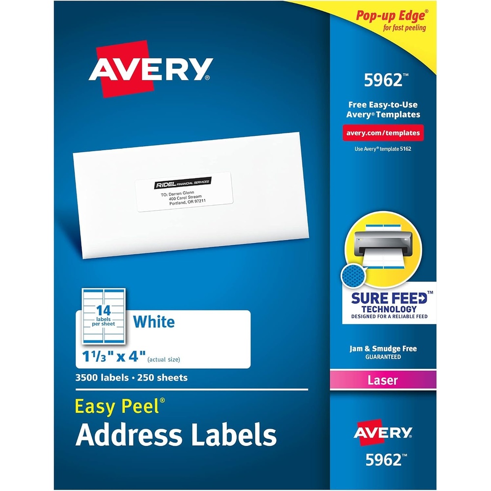 image:imageAvery Easy Peel Printable Address Labels with Sure Feed 113 x 4 White 1400 Blank Mailing Labels for Laser Printers 5162Pack of 2 3500 Count Total