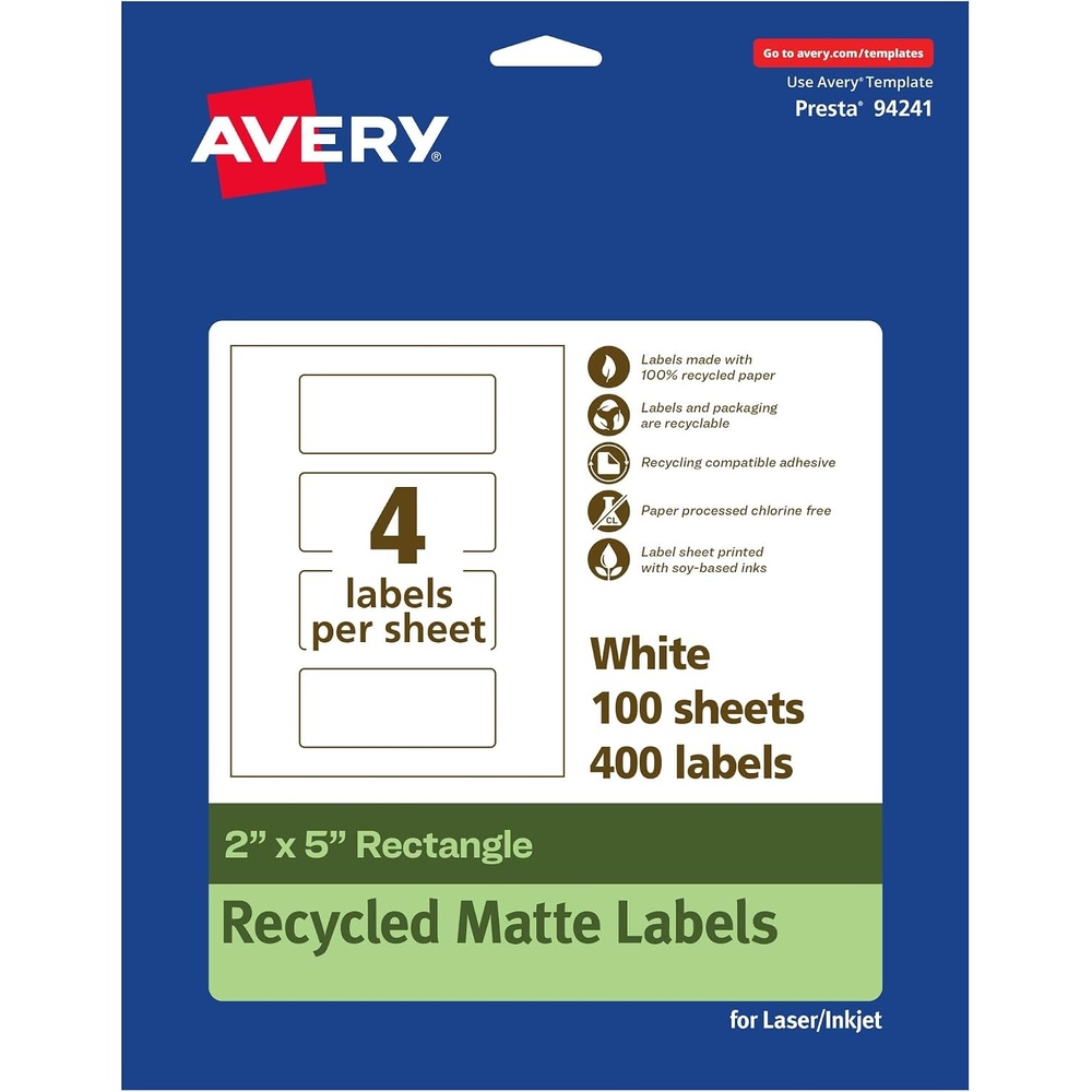 image:imageAvery EcoFriendly Matte White Recycled Rectangle Labels 2 x 5 PrinttoTheEdge Matte White Labels Permanent Adhesive LaserInkjet Printable 400 Total400 labels