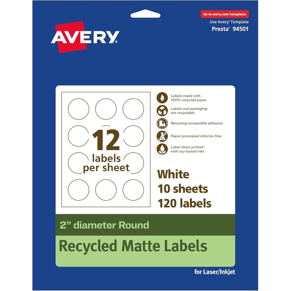 image:imageAvery EcoFriendly Matte White Recycled Round Labels 2 Diameter PrinttoTheEdge Matte White Labels Permanent Adhesive LaserInkjet Printable 120 Total120 labels