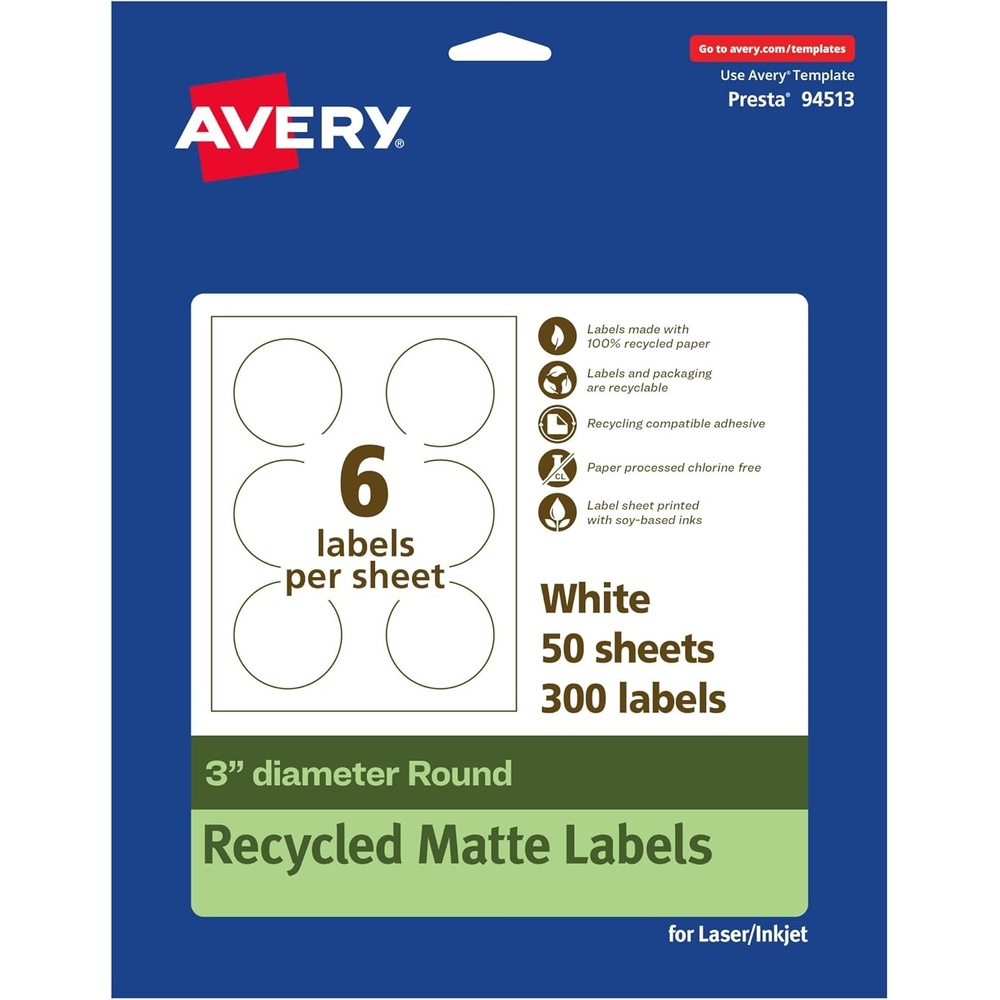 image:imageAvery EcoFriendly Matte White Recycled Round Labels 3 Diameter PrinttoTheEdge Matte White Labels Permanent Adhesive LaserInkjet Printable 60 Total300 labels