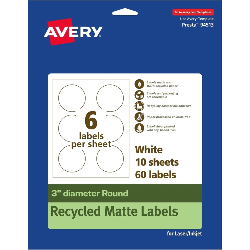 image:imageAvery EcoFriendly Matte White Recycled Round Labels 3 Diameter PrinttoTheEdge Matte White Labels Permanent Adhesive LaserInkjet Printable 60 Total60 labels