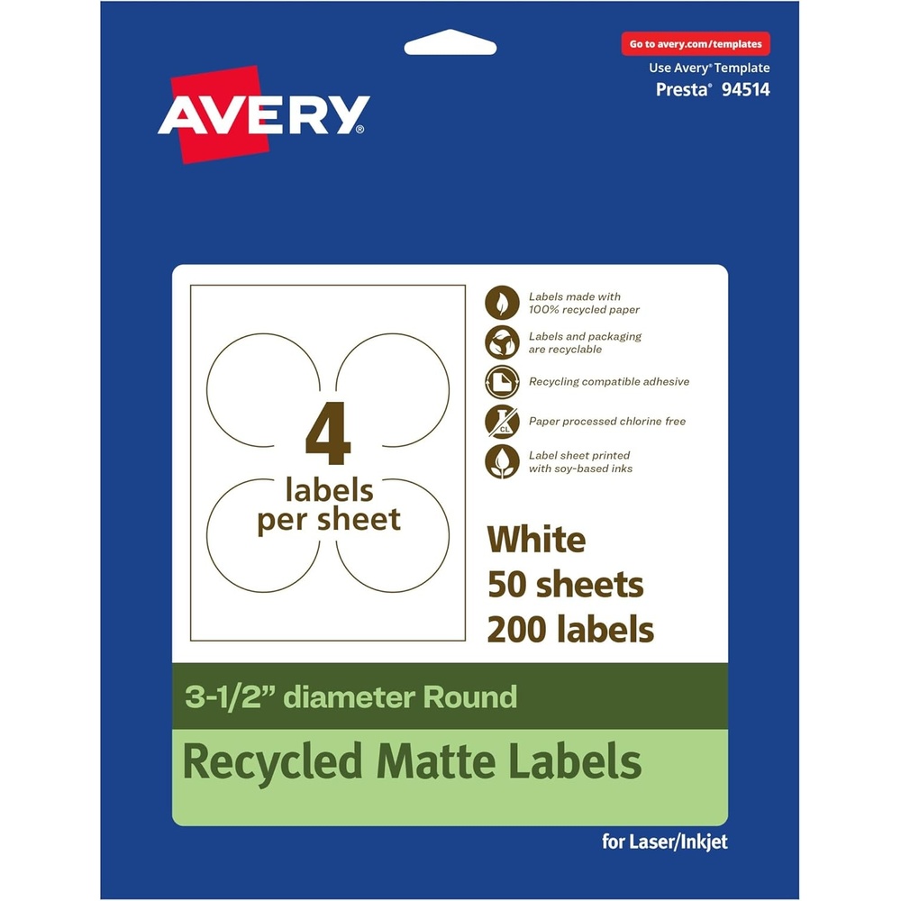image:imageAvery EcoFriendly Matte White Recycled Round Labels 35 Diameter PrinttoTheEdge Matte White Labels Permanent Adhesive LaserInkjet Printable 40 Total200 labels