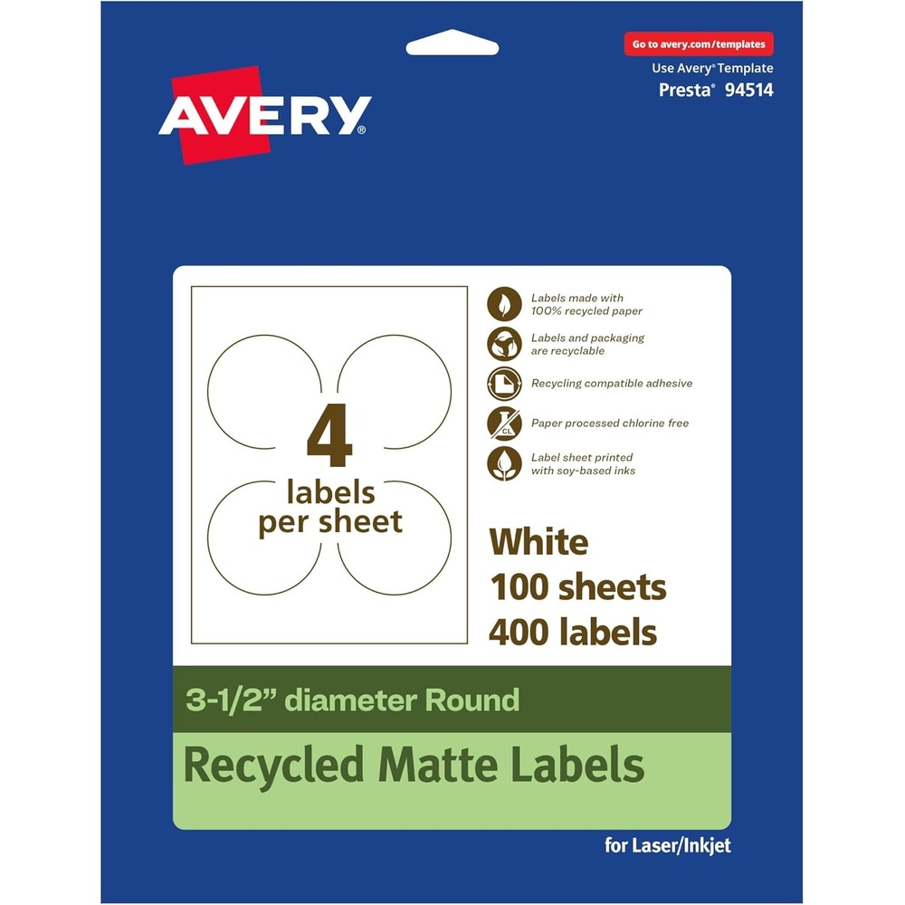 image:imageAvery EcoFriendly Matte White Recycled Round Labels 35 Diameter PrinttoTheEdge Matte White Labels Permanent Adhesive LaserInkjet Printable 40 Total400 labels