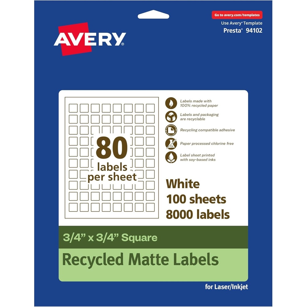 image:imageAvery EcoFriendly Matte White Recycled Square Labels 34 x 34 PrinttoTheEdge Matte White Labels Permanent Adhesive LaserInkjet Printable 800 Total8 000 labels