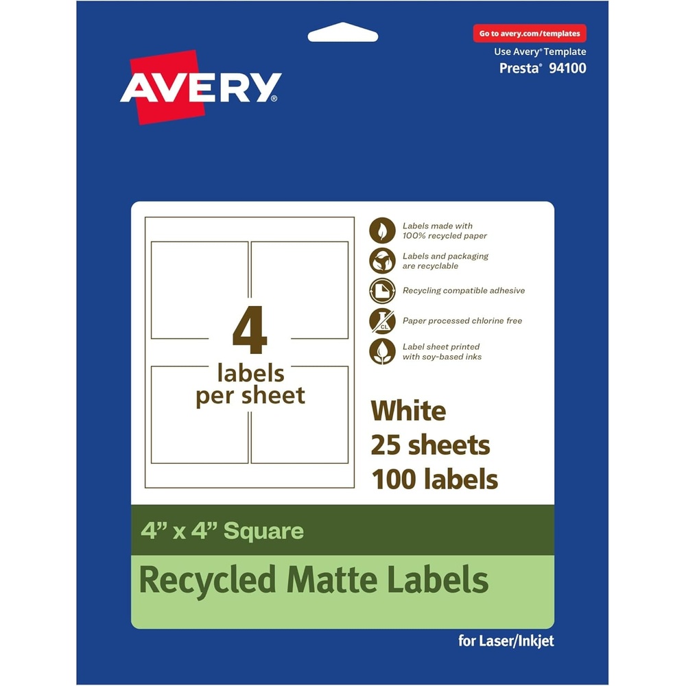 image:imageAvery EcoFriendly Matte White Recycled Square Labels 4 x 4 Matte White Labels Permanent Adhesive LaserInkjet Printable 40 Total100 labels