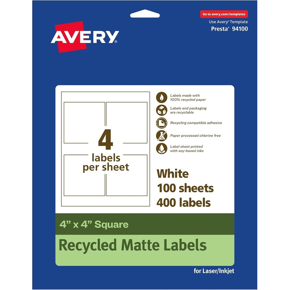image:imageAvery EcoFriendly Matte White Recycled Square Labels 4 x 4 Matte White Labels Permanent Adhesive LaserInkjet Printable 40 Total400 labels