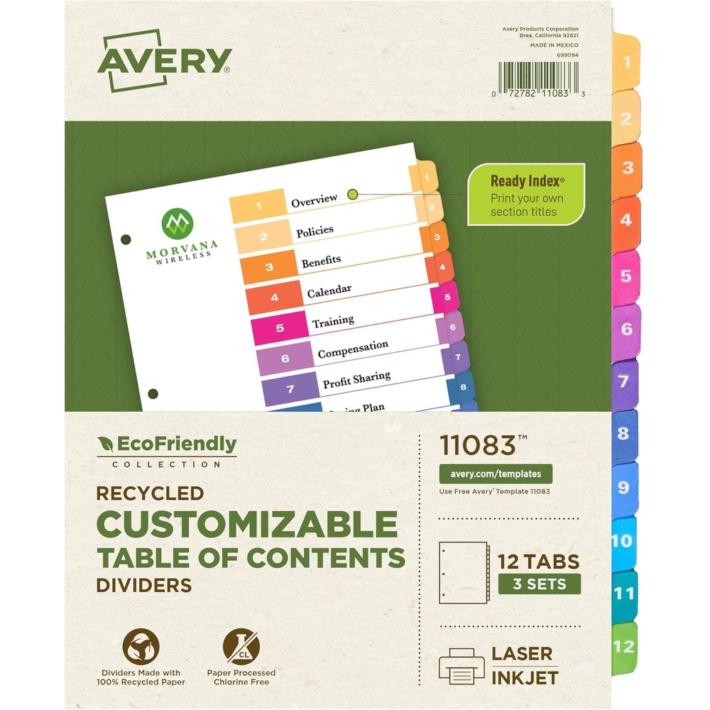 image:imageAvery EcoFriendly Recycled Dividers for 3 Ring Binders 12 Tabs per Set Customizable Table of Contents Multicolor Tabs Great for Organizing Reports Projects and More 3 Sets of 110833 Sets