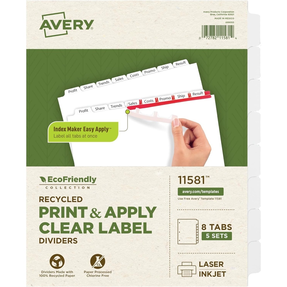 image:imageAvery EcoFriendly Recycled Dividers for 3 Ring Binders 5Tab White Tabs Index Maker Print and Apply Clear Label Strip 5 Sets for 25 Binder Dividers Total 115808 tabs