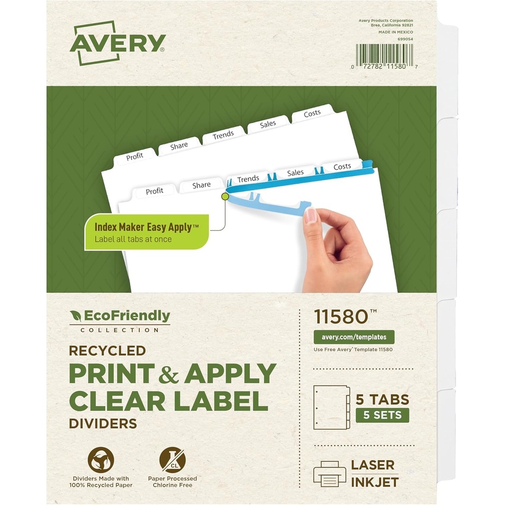 image:imageAvery EcoFriendly Recycled Dividers for 3 Ring Binders 5Tab White Tabs Index Maker Print and Apply Clear Label Strip 5 Sets for 25 Binder Dividers Total 115805 Tabs