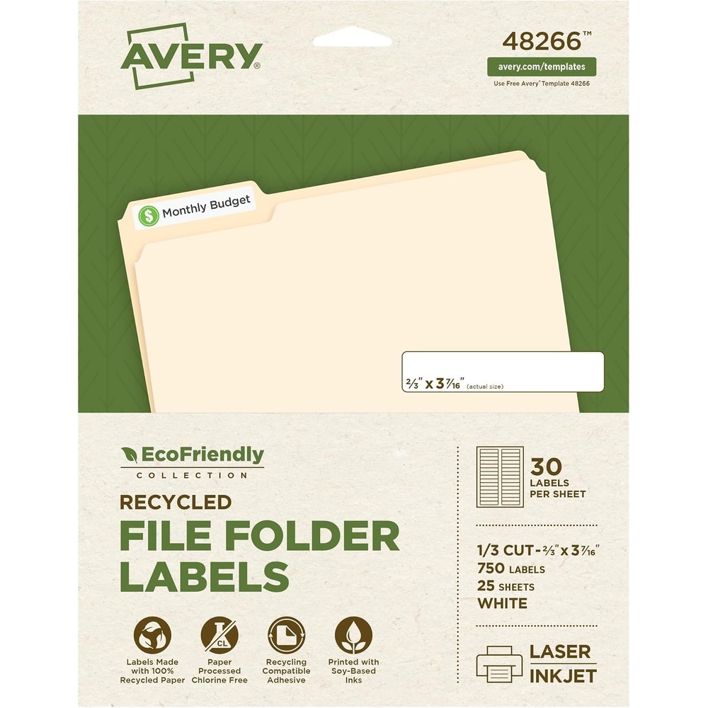 image:imageAvery EcoFriendly Recycled File Folder Labels 23 x 3716 White Permanent Label Adhesive 750 Printable Labels 4826623 in x 3716 in Pack of 5