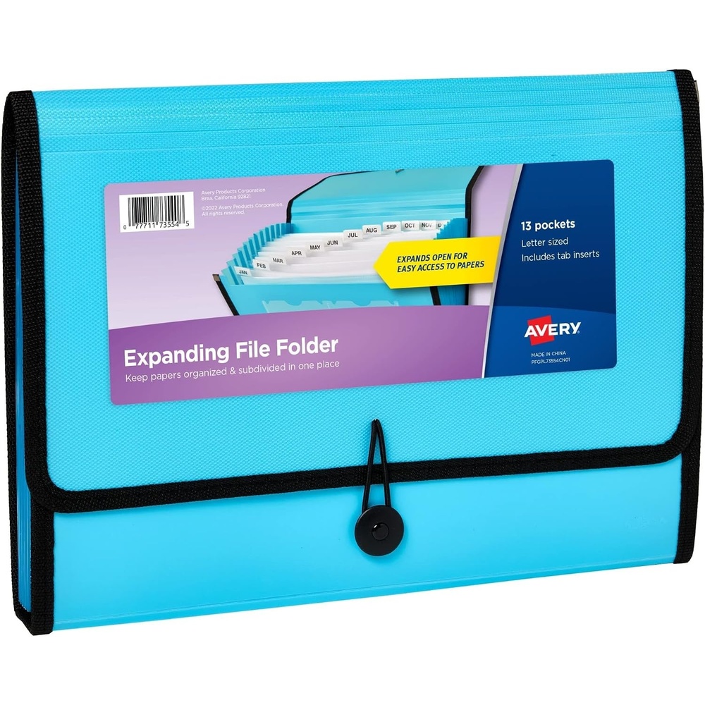 image:imageAvery Expanding File Folder Organizer 13Pocket Accordion File Organizer Aqua Holds 425 LetterA4Size Sheets 7355413 Pockets Pack of 6