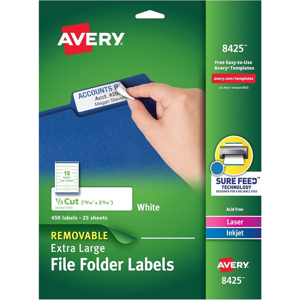 image:imageAvery Extra Large File Folder Labels Removable Adhesive Matte White 1516 x 3716 450 Labels 8425One Size