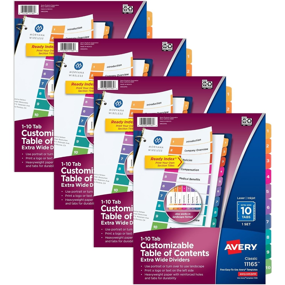 image:imageAvery ExtraWide Dividers for 3 Ring Binders 10 Tabs per Set Customizable Table of Contents Multicolor Tabs Works Great with Sheet Protectors 4 Sets of 34776914 x 11 inches