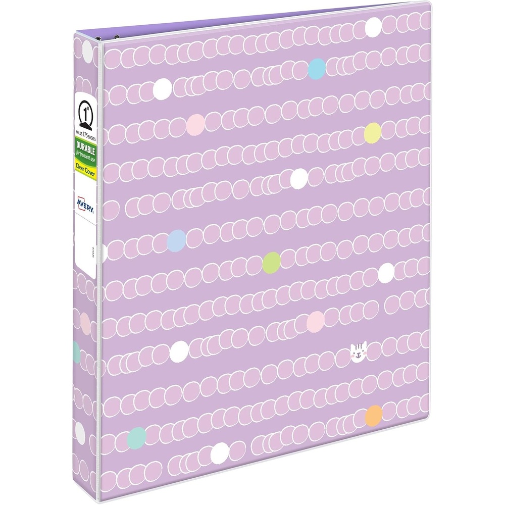 image:imageAvery Fashion Durable View 3 Ring Binder 1 Round Rings 175Sheet Capacity 14 Inch Wide Spine Customizable Clear Cover and Spine Pixel Puzzle Design 26737Purrrfectly Purple