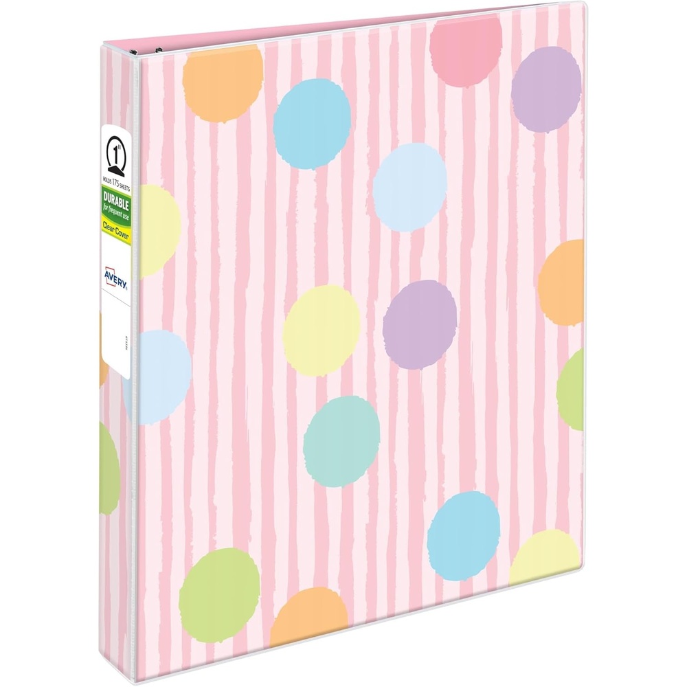 image:imageAvery Fashion Durable View 3 Ring Binder 1 Round Rings 175Sheet Capacity 14 Inch Wide Spine Customizable Clear Cover and Spine Pixel Puzzle Design 26737Sweet Sherbet