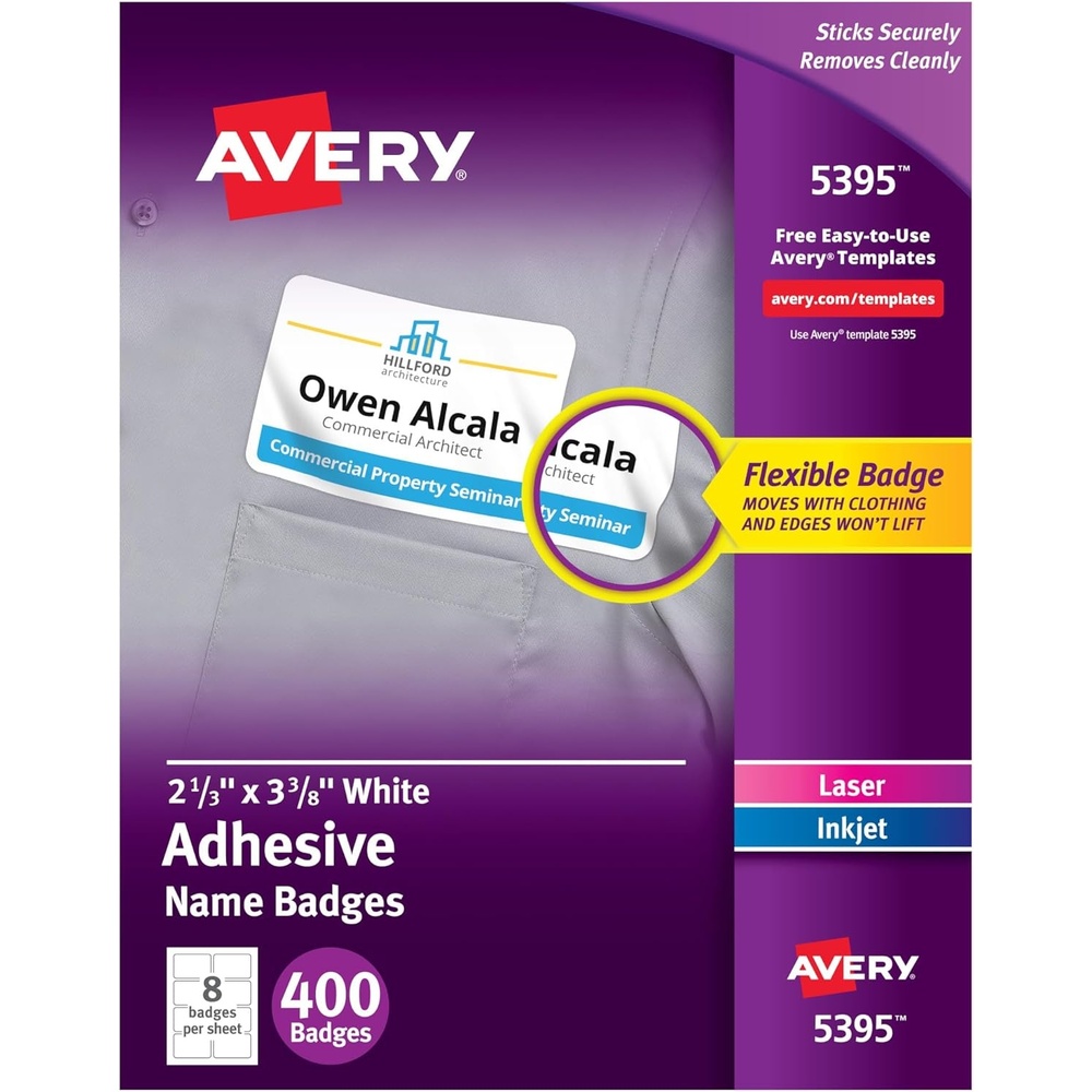 image:imageAvery Flexible Printable Name Badges 213 x 338 Rectangle Labels White 5 Packs 800 Removable Name Tag Stickers Total 8395213 in x 338 in