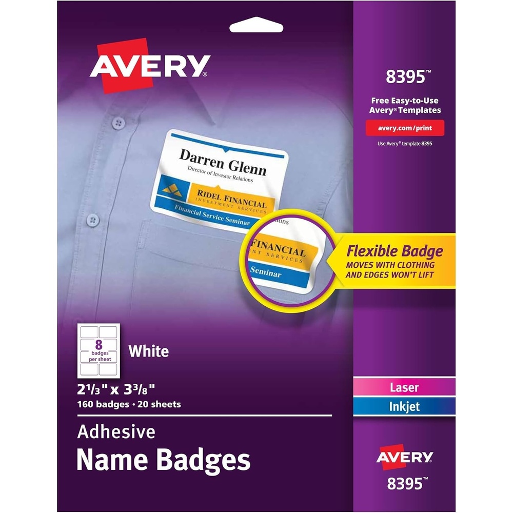 image:imageAvery Flexible Printable Name Badges 213 x 338 Rectangle Labels White 5 Packs 800 Removable Name Tag Stickers Total 8395213 in x 338 in Pack of 5