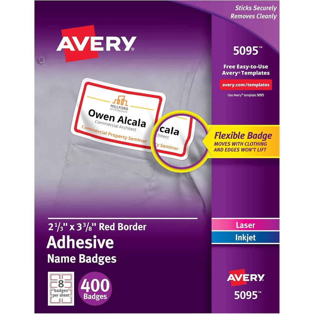 image:imageAvery Flexible Printable Name Tags 213 x 338 White with Blue Border 400 Removable Name Badges 05895Red Border