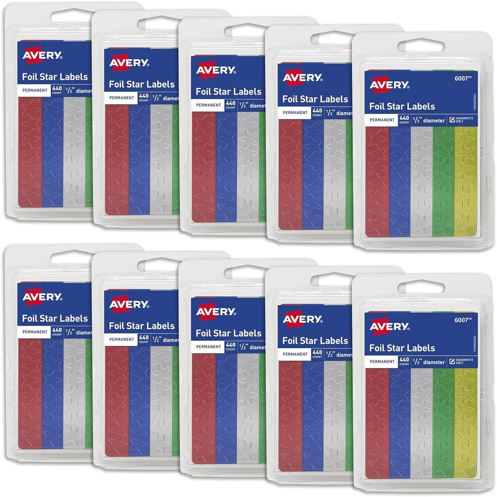image:imageAvery Foil Star Labels 12 Assorted Colors NonPrintable 440 Star Stickers Total 6007Pack of 10
