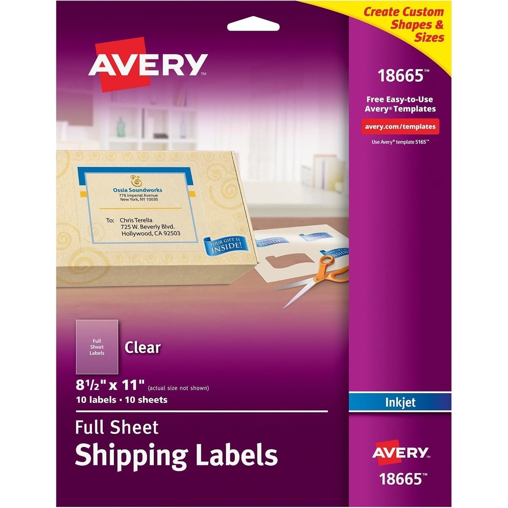 image:imageAvery Full Sheet Printable Shipping Labels 85 x 11 Matte Clear 10 Blank Mailing Labels 1866510 labels Pack of 5