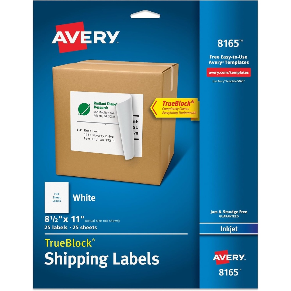 image:imageAvery FullSheet Printable Shipping Labels 85 x 11 Customizable Stickers White 125 Blank Mailing Labels Total Great for Mailing Shipping Organizing and More 5Pack of 816525 labels