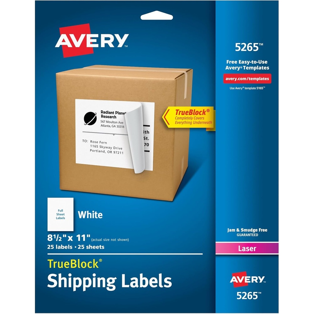 image:imageAvery FullSheet Printable Shipping Labels 85 x 11 Customizable Stickers White 25 Blank Mailing Labels Great for Mailing Shipping Organizing and More 5265Pack of 1