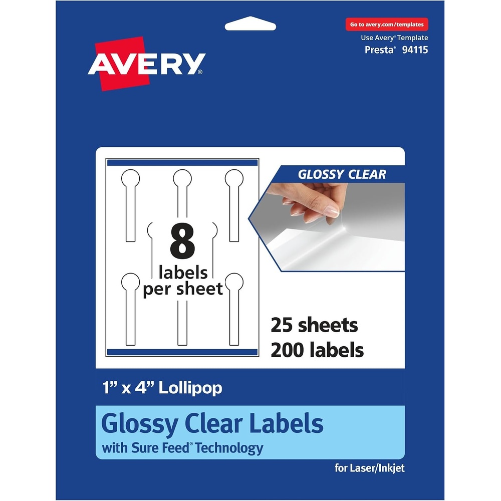 image:imageAvery Glossy Clear Lollipop Labels Sure Feed Technology 1 x 4 80 Glossy Clear Labels PrinttoTheEdge LaserInkjet Printable200 labels