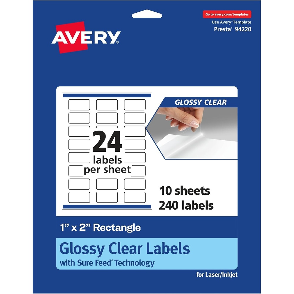 image:imageAvery Glossy Clear Rectangle Labels Sure Feed Technology 1 x 2 240 Glossy Clear Labels PrinttoTheEdge LaserInkjet Printable240 labels