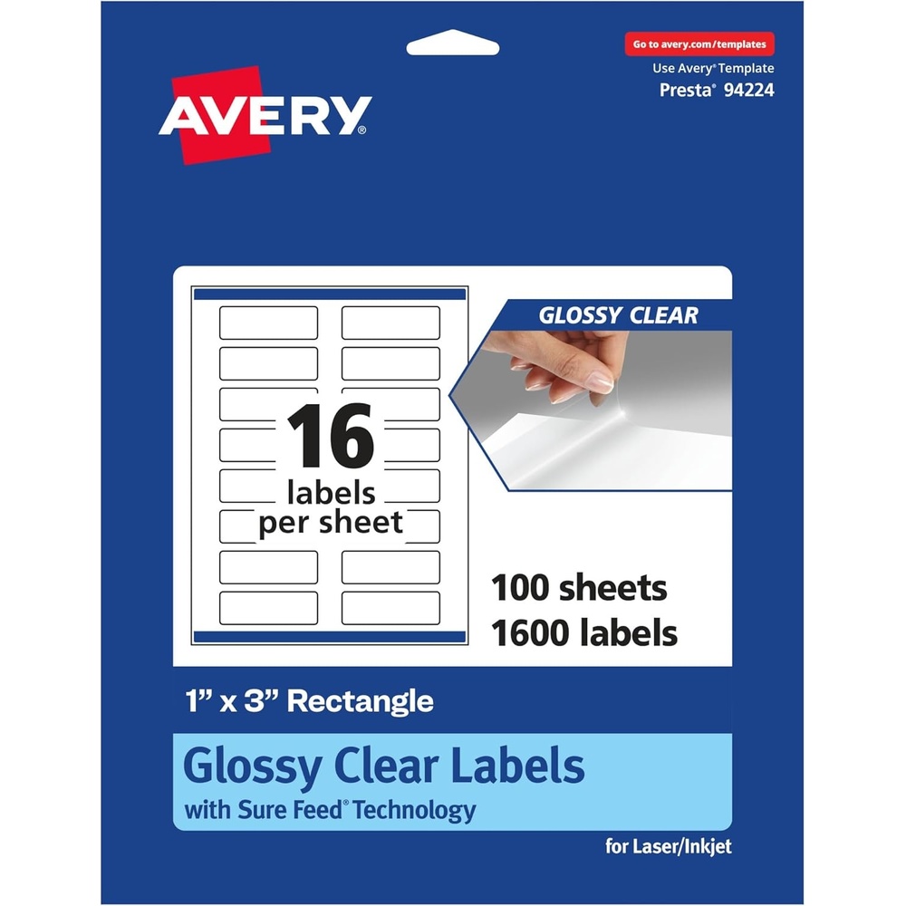 image:imageAvery Glossy Clear Rectangle Labels Sure Feed Technology 1 x 3 160 Glossy Clear Labels PrinttoTheEdge LaserInkjet Printable1 600 labels