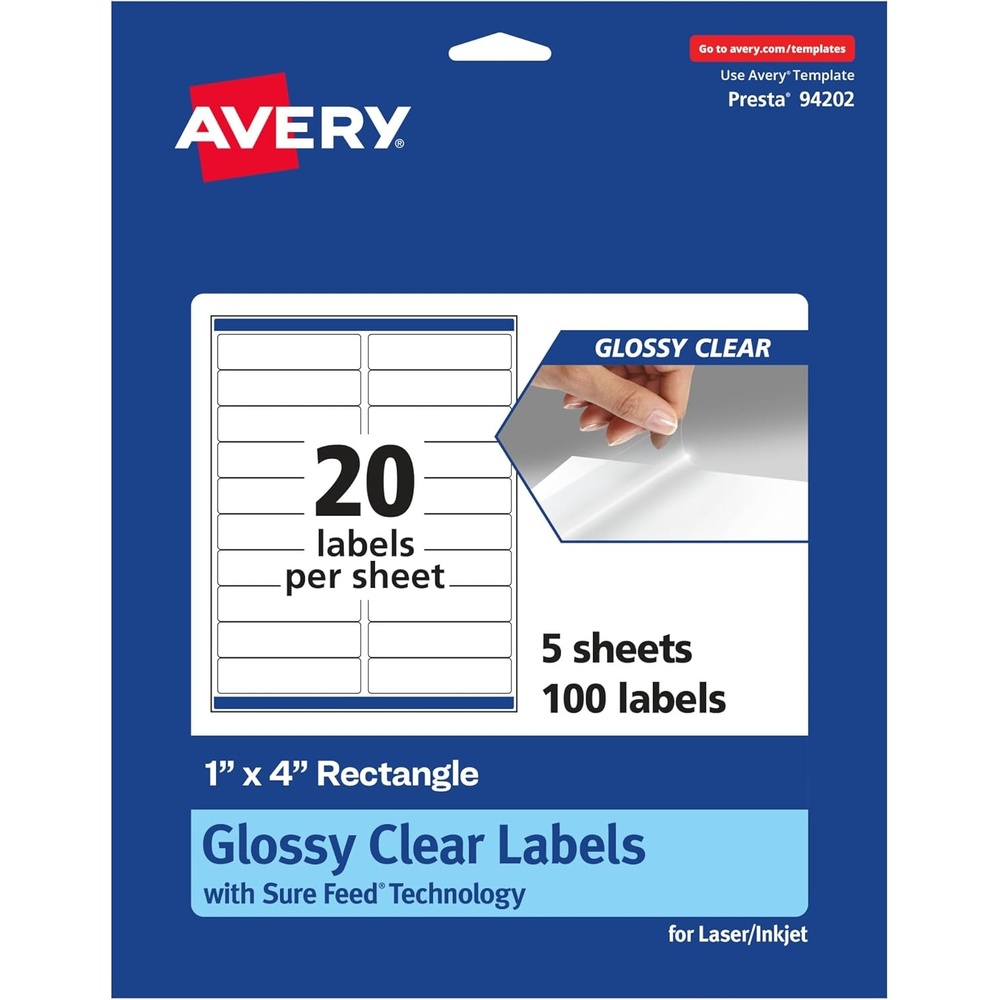 image:imageAvery Glossy Clear Rectangle Labels Sure Feed Technology 1 x 4 200 Glossy Clear Labels LaserInkjet Printable100 labels