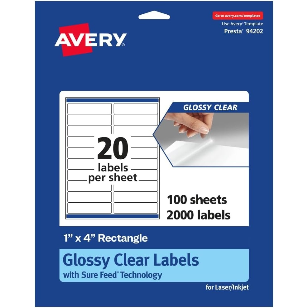 image:imageAvery Glossy Clear Rectangle Labels Sure Feed Technology 1 x 4 200 Glossy Clear Labels LaserInkjet Printable2 000 labels