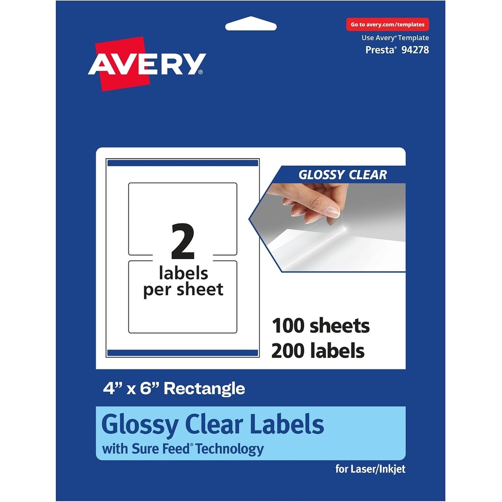 image:imageAvery Glossy Clear Rectangle Labels Sure Feed Technology 4 x 6 20 Glossy Clear Labels PrinttoTheEdge LaserInkjet Printable200 labels