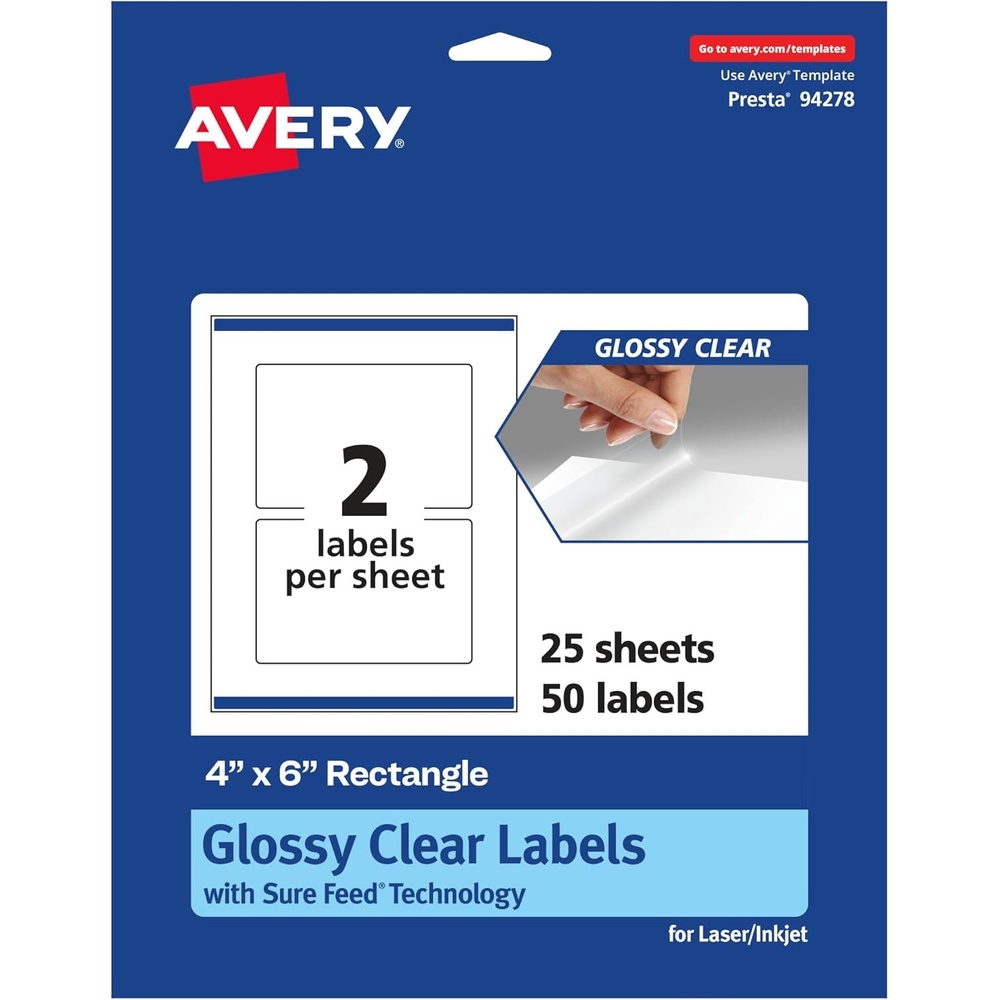image:imageAvery Glossy Clear Rectangle Labels Sure Feed Technology 4 x 6 20 Glossy Clear Labels PrinttoTheEdge LaserInkjet Printable50 labels
