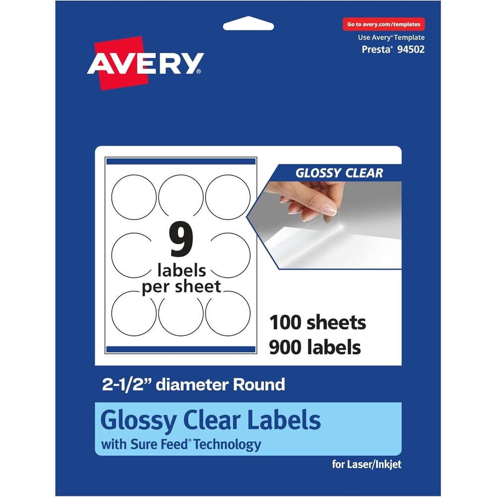 image:imageAvery Glossy Clear Round Labels Sure Feed Technology 25 Diameter 90 Glossy Clear Labels PrinttoTheEdge LaserInkjet Printable900 labels
