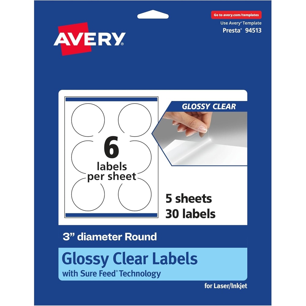 image:imageAvery Glossy Clear Round Labels Sure Feed Technology 3 Diameter 60 Glossy Clear Labels PrinttoTheEdge LaserInkjet Printable30 labels
