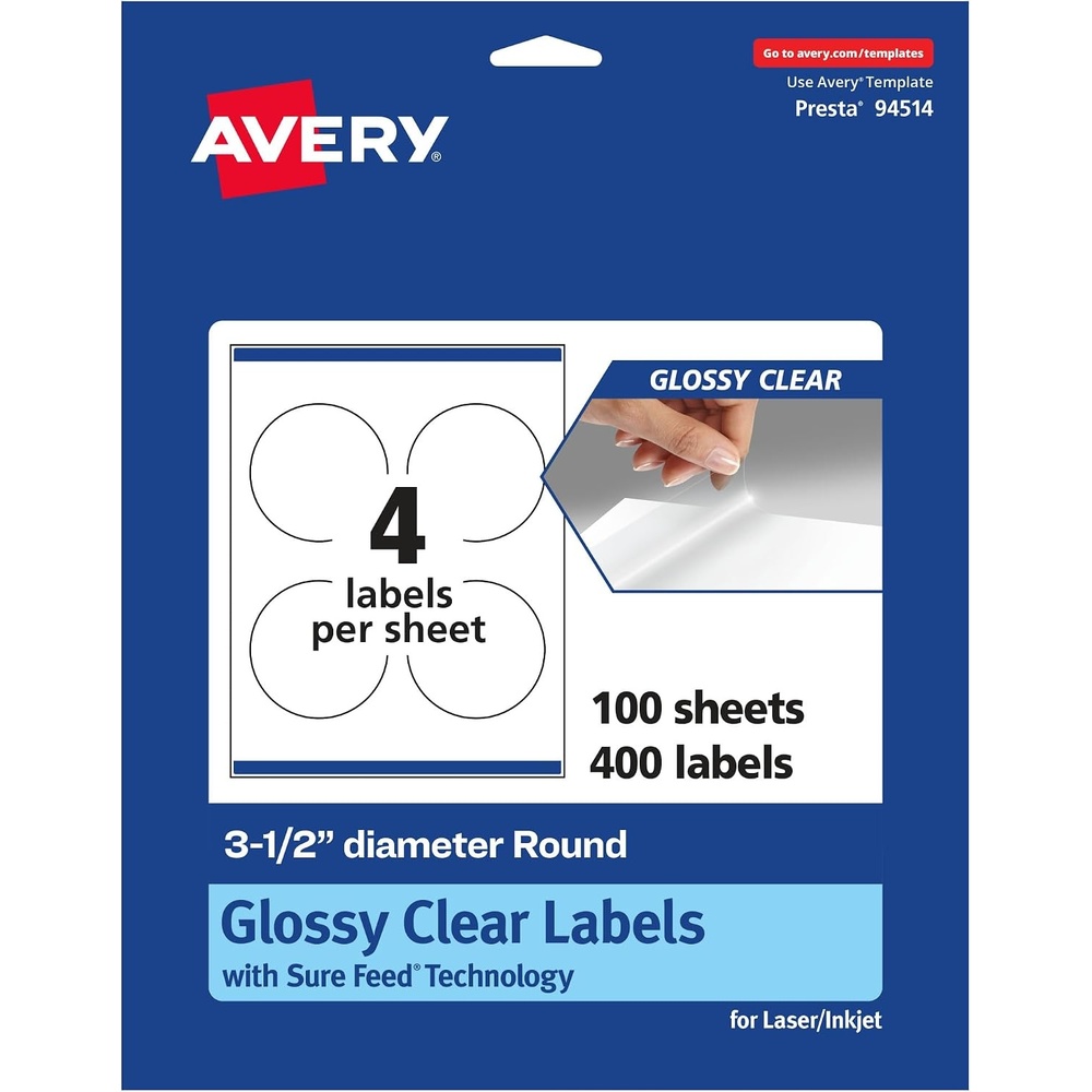 image:imageAvery Glossy Clear Round Labels Sure Feed Technology 35 Diameter 40 Glossy Clear Labels PrinttoTheEdge LaserInkjet Printable400 labels