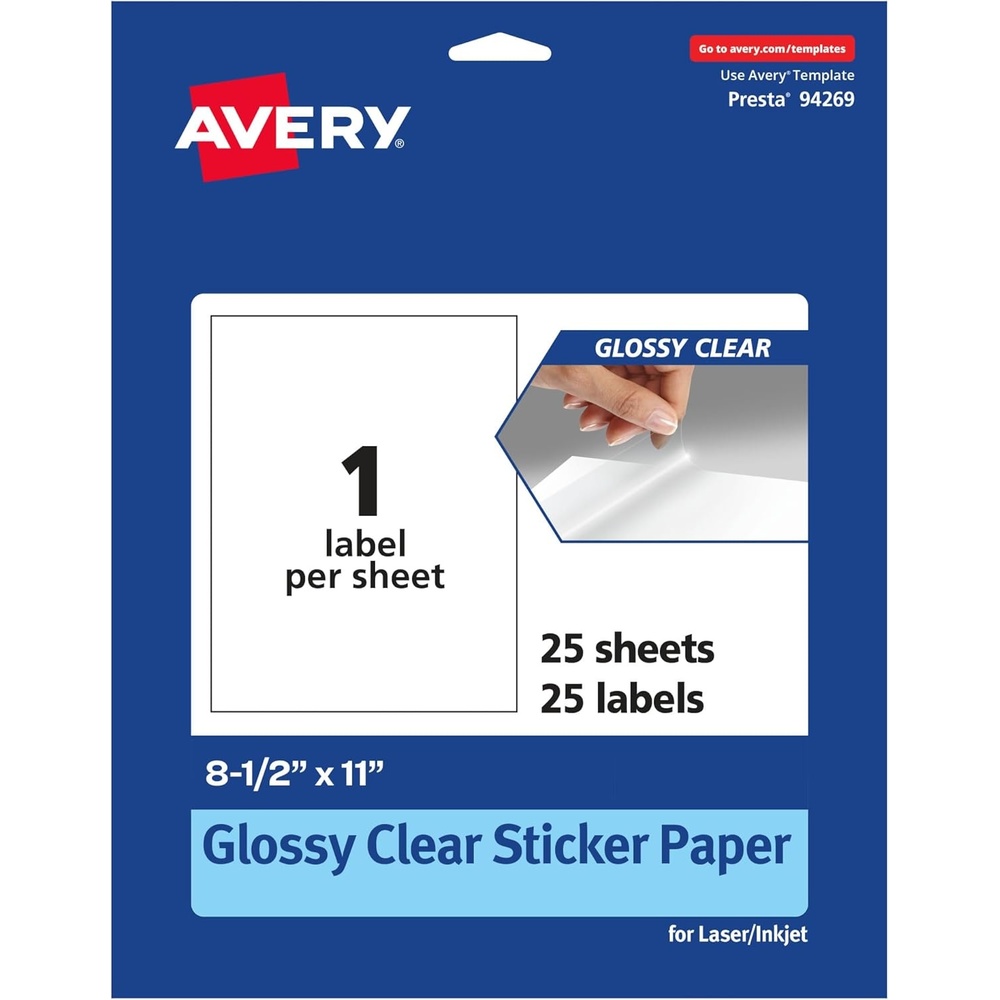 image:imageAvery Glossy Clear Sticker Paper 85 x 11 10 Glossy Clear Labels LaserInkjet Printable Great for Product Merchandising Weddings and Mailing25 labels