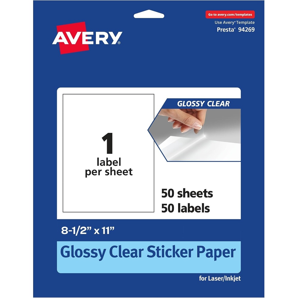 image:imageAvery Glossy Clear Sticker Paper 85 x 11 10 Glossy Clear Labels LaserInkjet Printable Great for Product Merchandising Weddings and Mailing50 labels