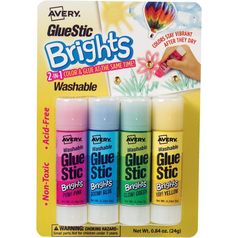 image:imageAvery Glue Stick Assorted Color Brights Washable Nontoxic 021 oz Permanent Glue Stic 4pk 00102