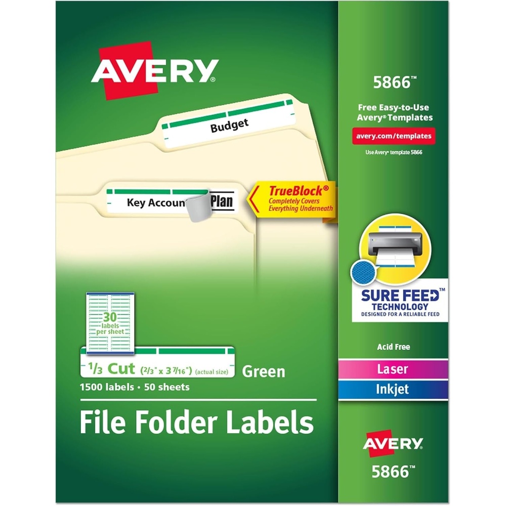 image:imageAvery Green File Folder Labels for Laser and Inkjet Printers with TrueBlock Technology 23 inches x 3716 inches Box of 1500 58665