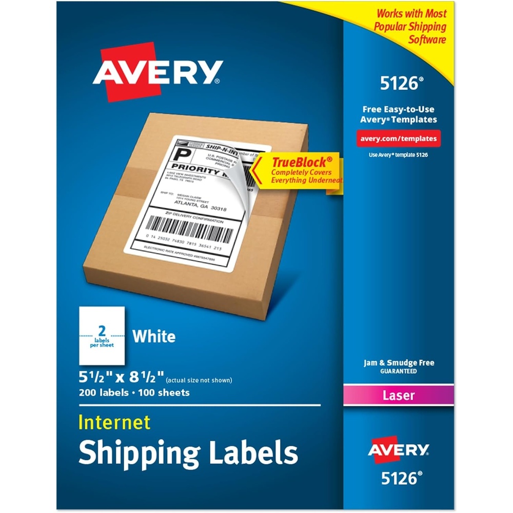 image:imageAvery HalfSheet Printable Shipping Labels 55 x 85 Customizable Stickers White 1000 Blank Mailing Labels Total Great for Mailing Shipping Organizing and More 5Pack of 512655 in x 85 in