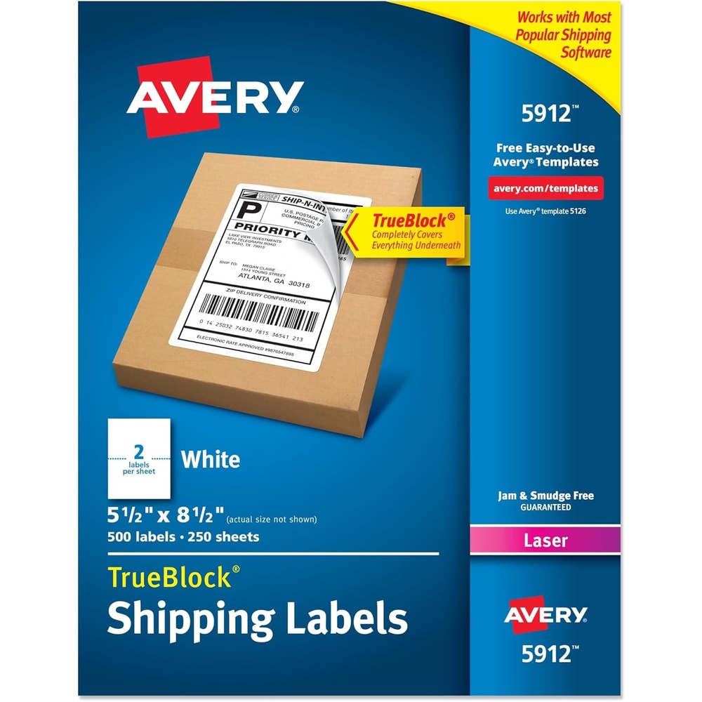 image:imageAvery HalfSheet Printable Shipping Labels 55 x 85 Customizable Stickers White 500 Blank Mailing Labels Great for Mailing Shipping Organizing and More 5912512 in X 812 in