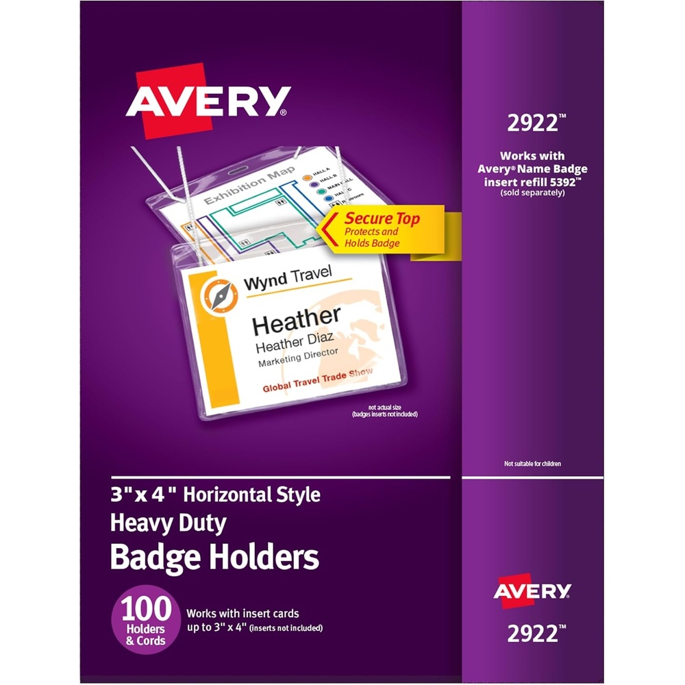 image:imageAvery Heavy Duty Badge Holders 3 x 4 100 Horizontal ID Badge Holders with Cords 2922Hanging