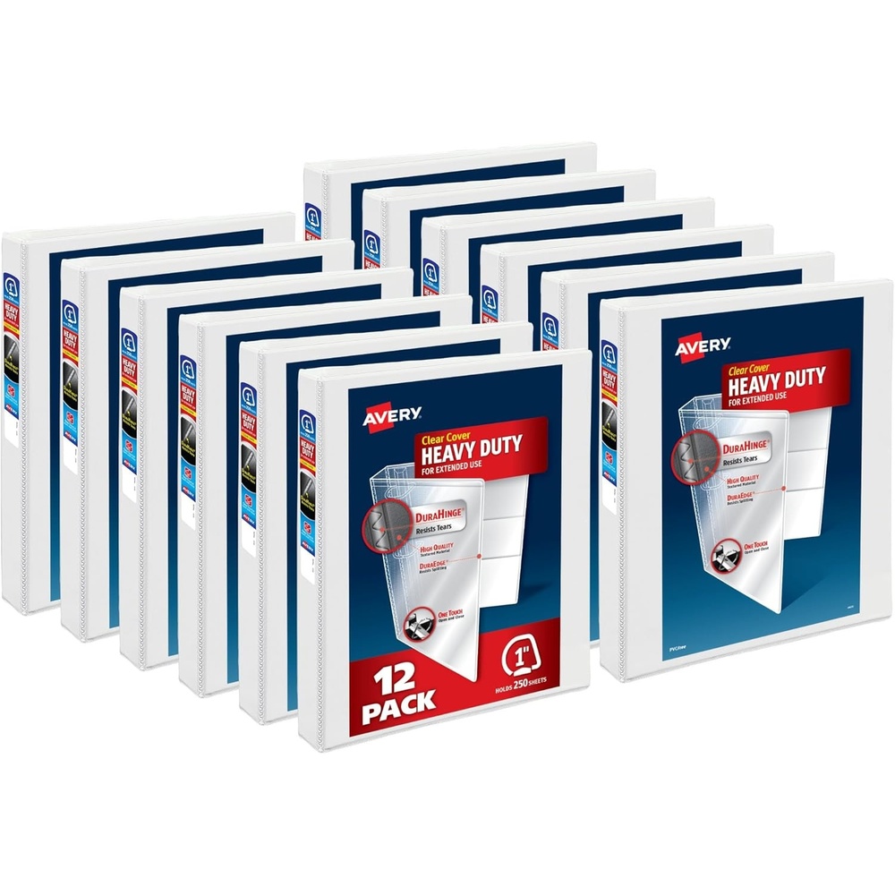 image:imageAvery HeavyDuty View 3 Ring Binder 1 Inch One Touch Slant Rings 250Sheet Capacity DuraHinge 14 Inch Wide Spine Customizable Clear Cover and Spine White Binder 12Pack of 797991