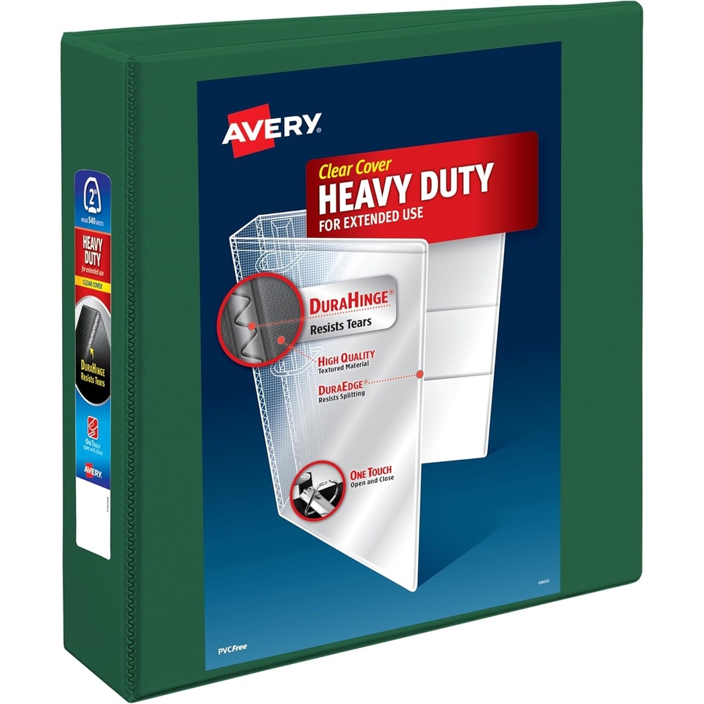image:imageAvery HeavyDuty View 3 Ring Binder 2 Inch One Touch EZD Rings 540Sheet Capacity 28 Inch Wide Spine Customizable Clear Cover and Spine 1 Green Binder 796830