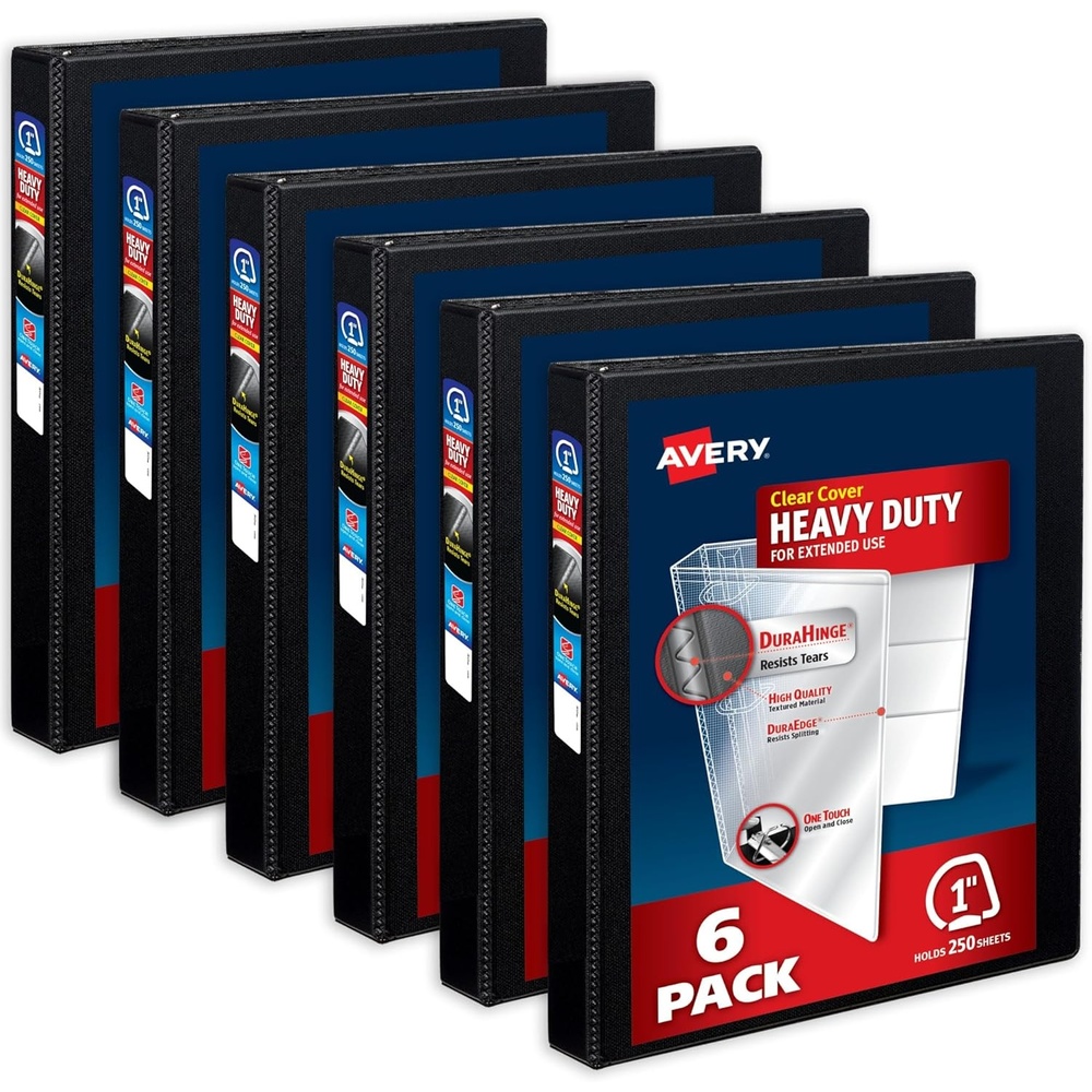image:imageAvery HeavyDuty View 3 Ring Binders 1 Inch One Touch Slant Rings 250Sheet Capacity DuraHinge 14 Inch Wide Spine Customizable Clear Cover and Spine Black Binders 6Pack of 79275