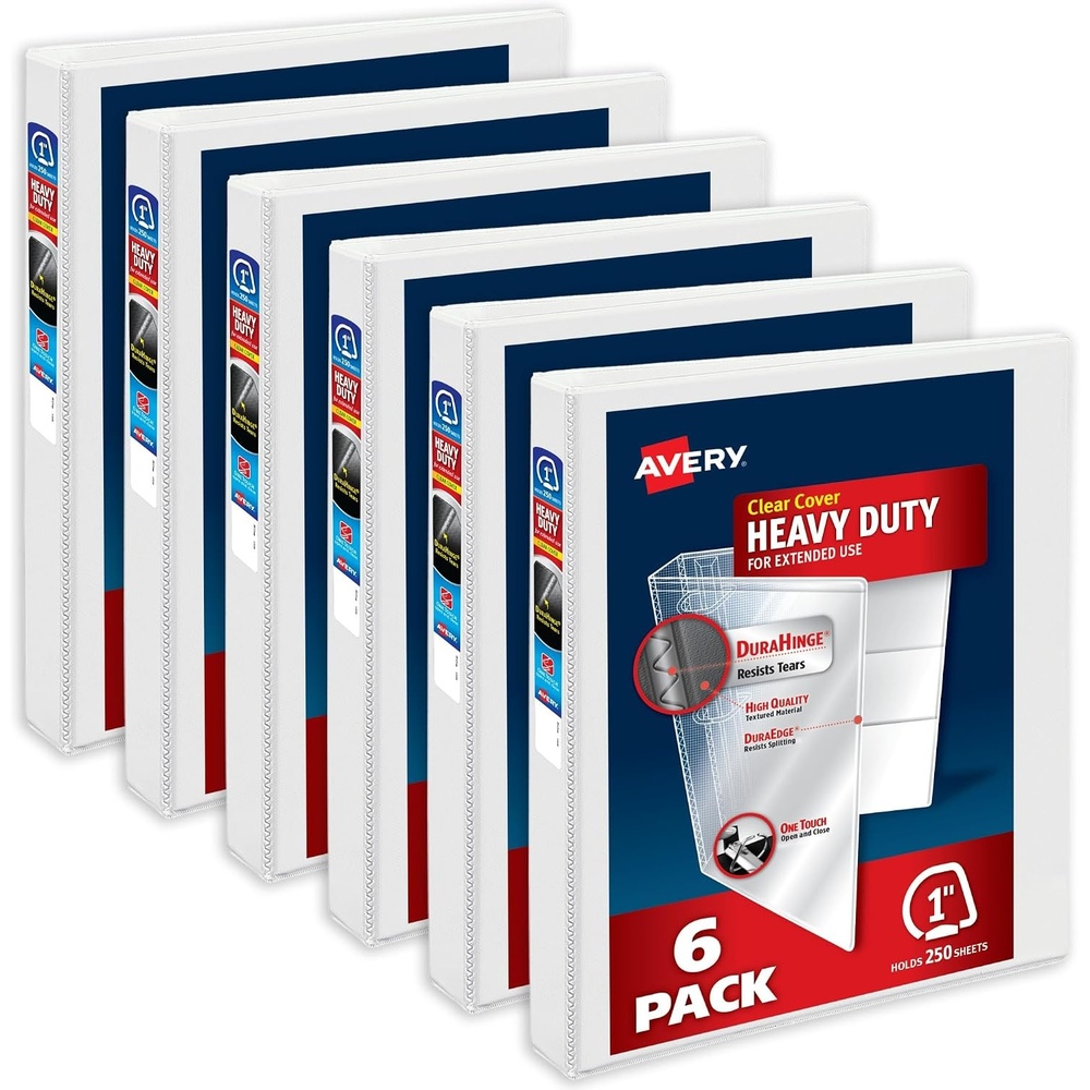 image:imageAvery HeavyDuty View 3 Ring Binders 1 Inch One Touch Slant Rings 250Sheet Capacity DuraHinge 14 Inch Wide Spine Customizable Clear Cover and Spine White Binders 6Pack of 797991