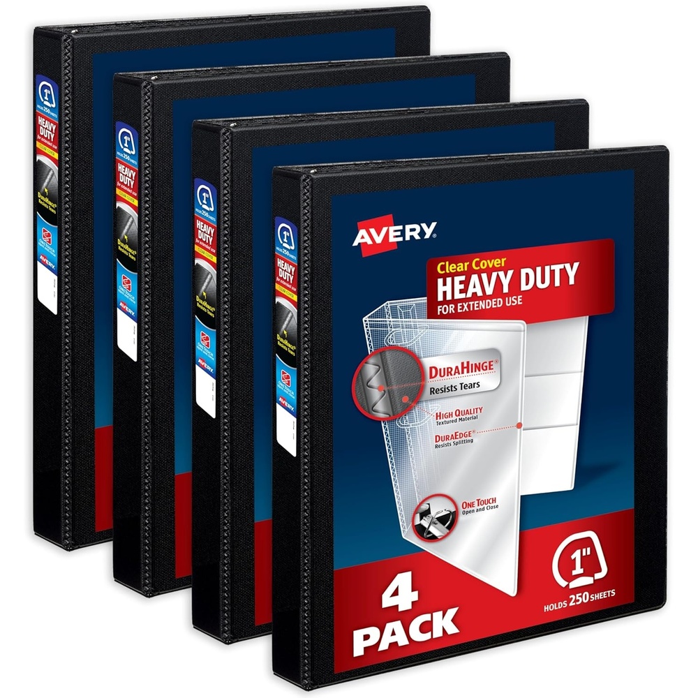 image:imageAvery HeavyDuty View 3 Ring Binders 1 Inch One Touch Slant Rings DuraHinge 14 Inch Wide Spine Customizable Clear Cover and Spine Black Binders 4Pack of 79868